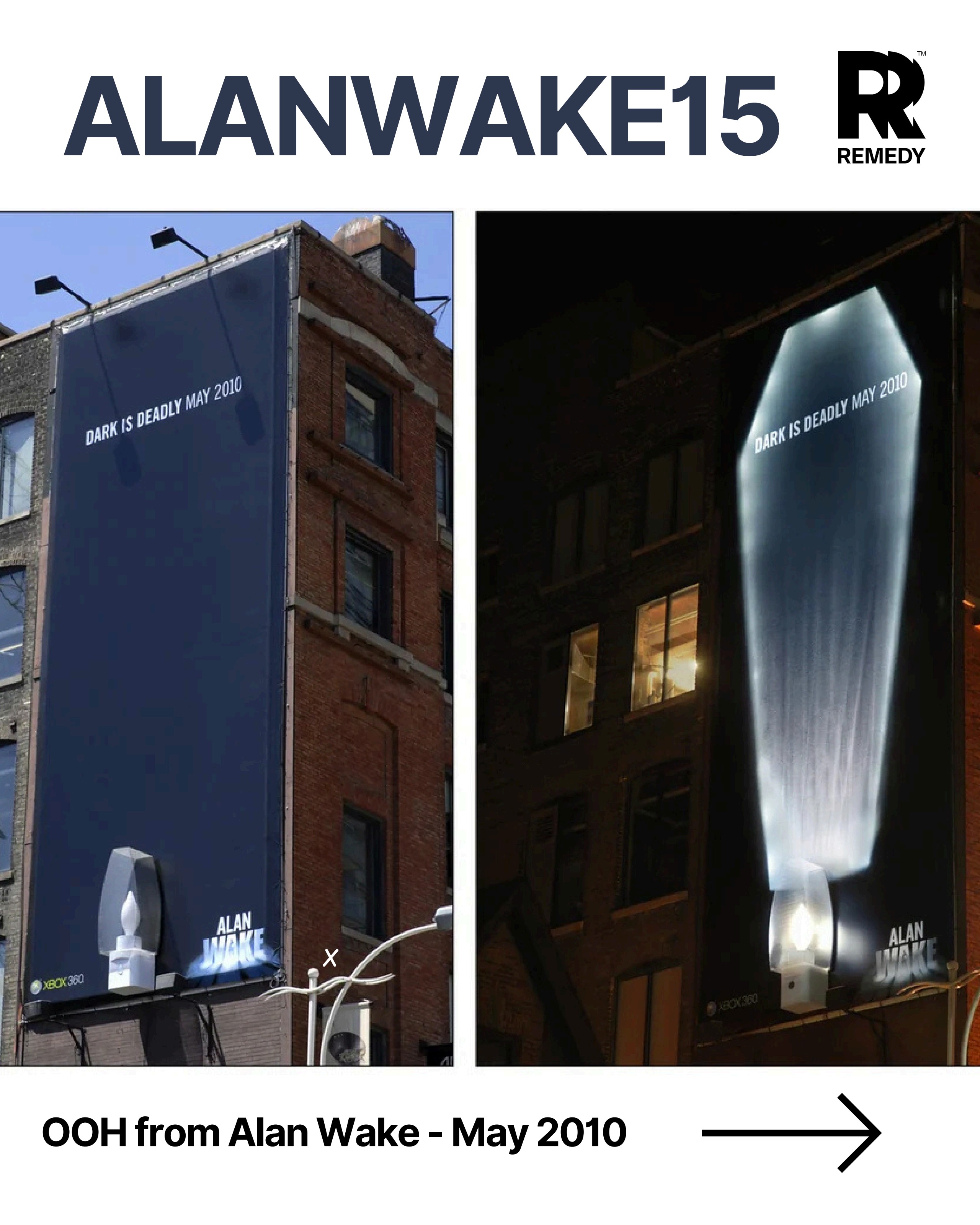 Alan Wake 15 — OOH billboard 'Dark is Deadly' lit by a single bulb