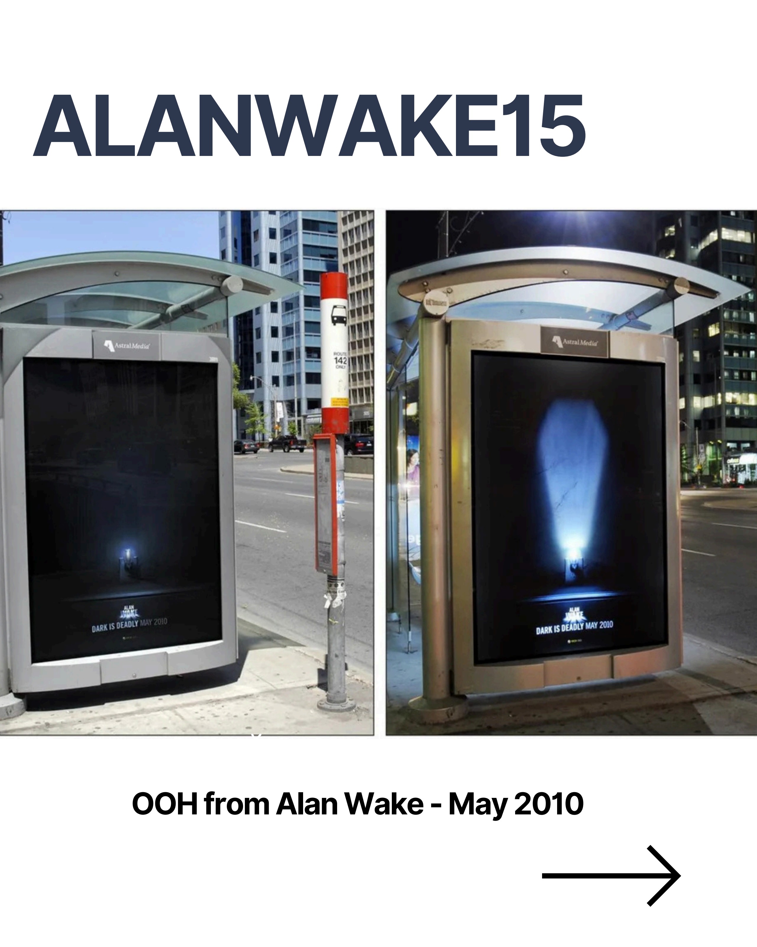 Bus shelter ad: dark scene by day, illuminated beam of light by night
