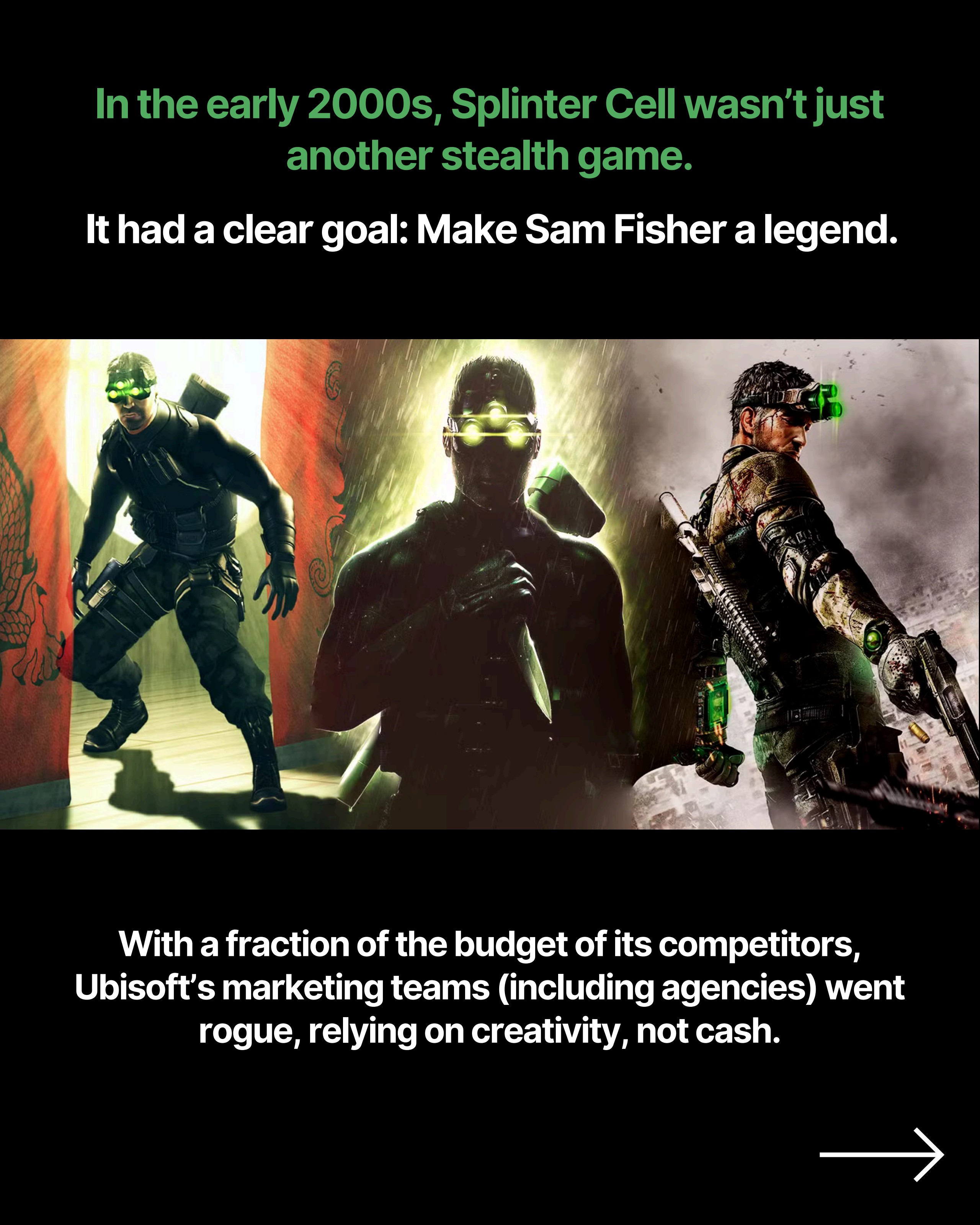 Three versions of Sam Fisher across the Splinter Cell series