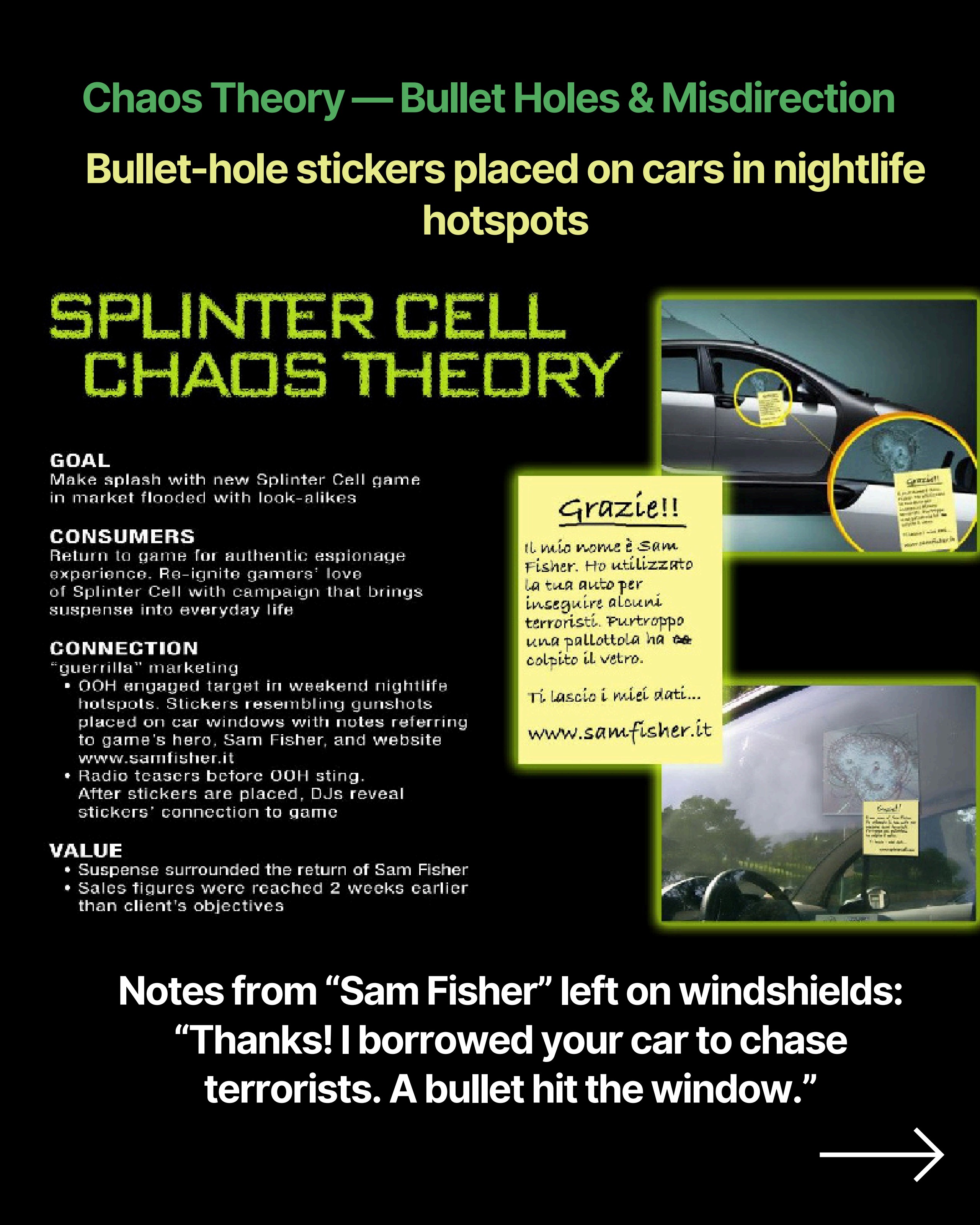 Bullet-hole stickers and Sam Fisher notes placed on cars in nightlife hotspots