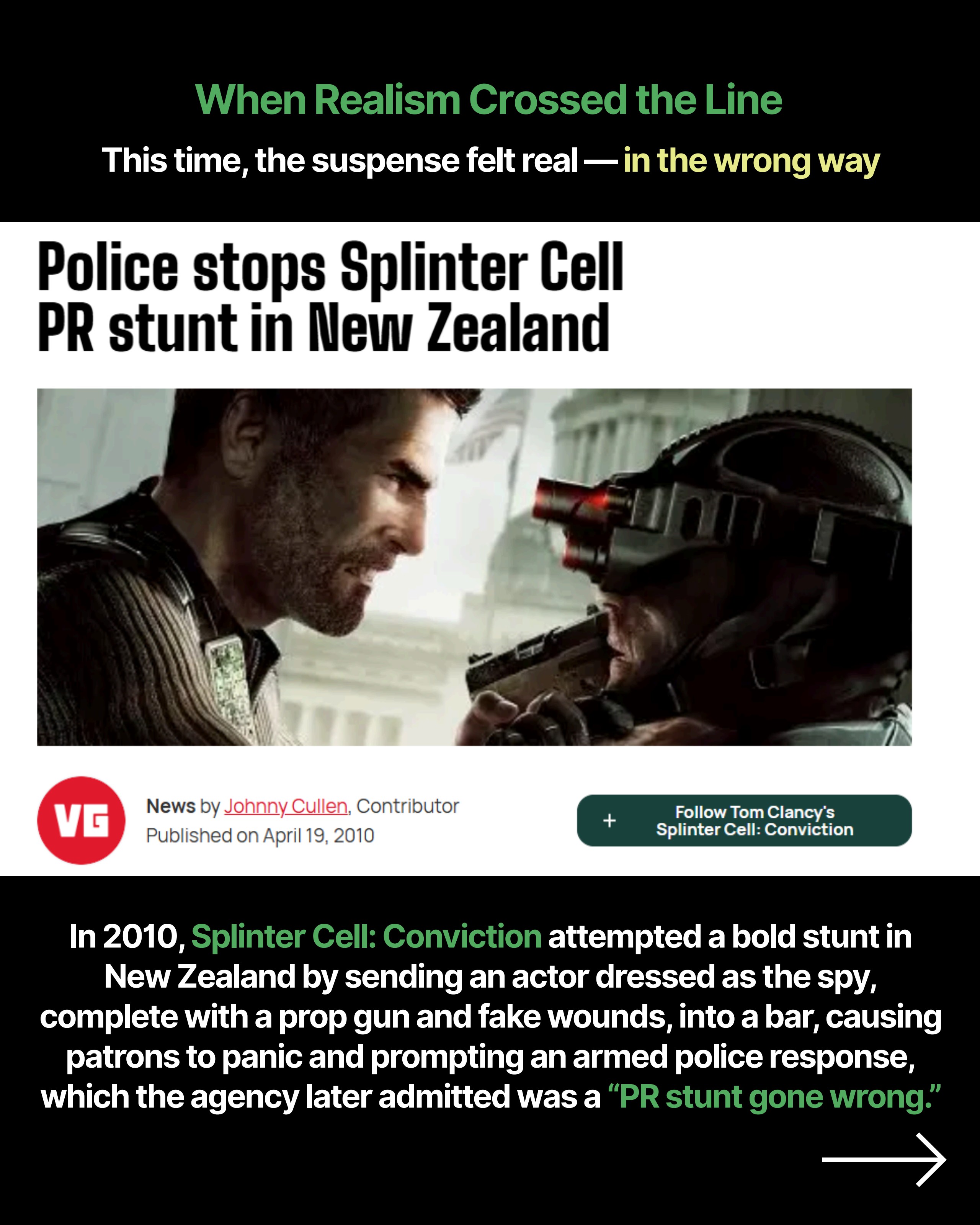 News headline: Police stops Splinter Cell PR stunt in New Zealand, 2010