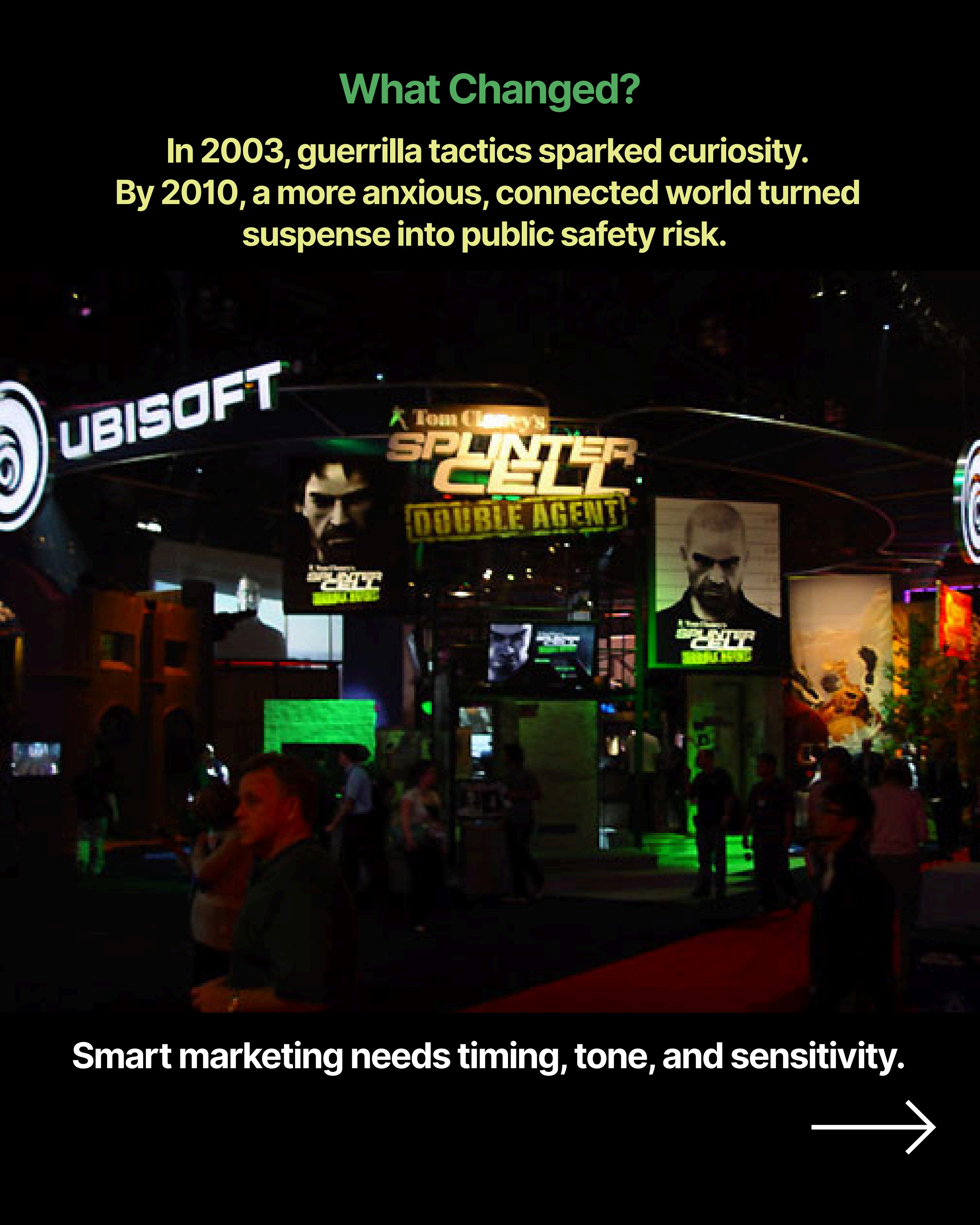 Ubisoft booth signage with note: smart marketing needs timing, tone, and sensitivity