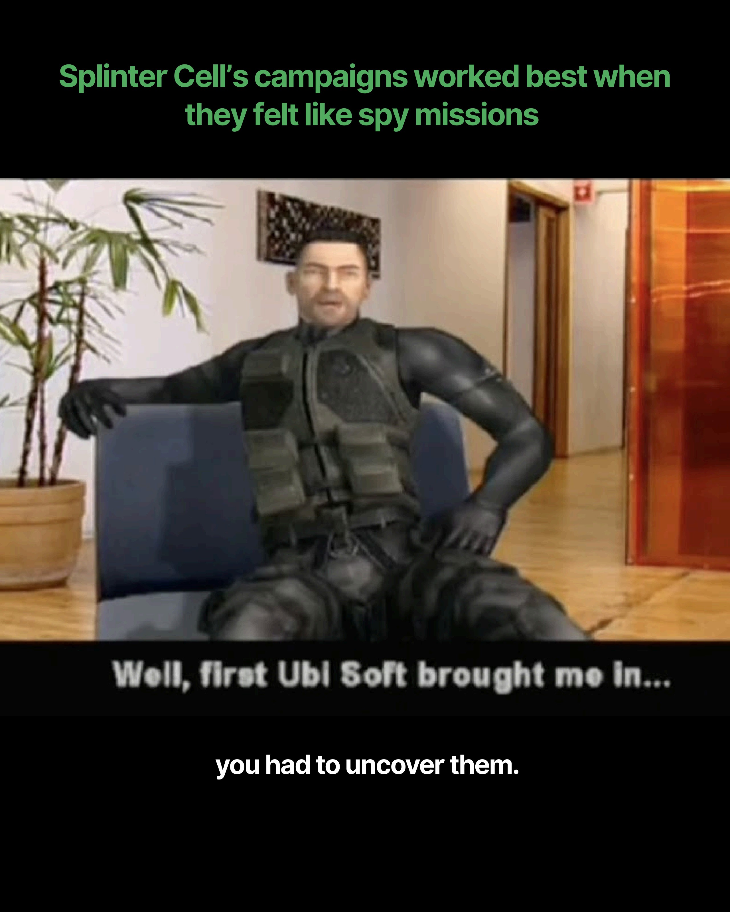 Sam Fisher seated — Splinter Cell campaigns worked best when they felt like spy missions